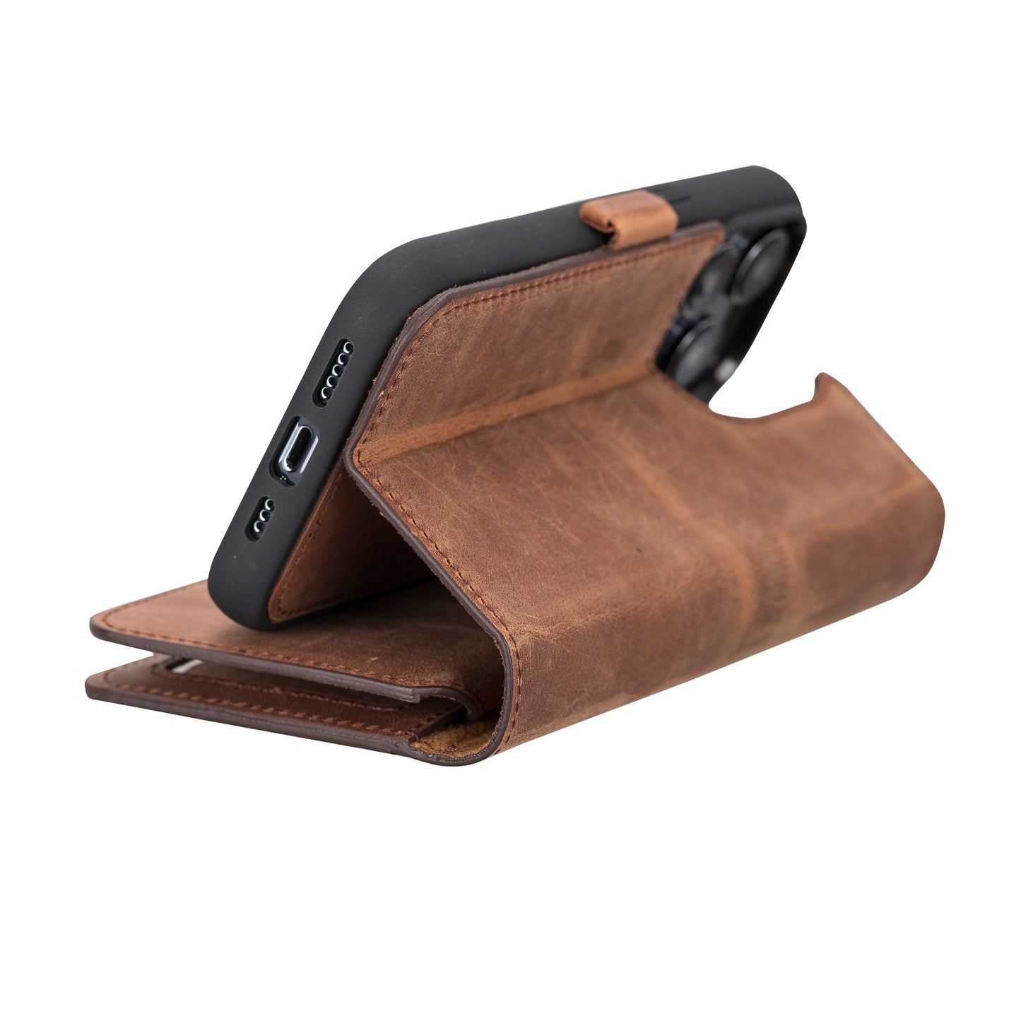 iPhone 14 Pro (6.1") Leather MagSafe RFID Detachable Double Wallet Case - Teak Brown