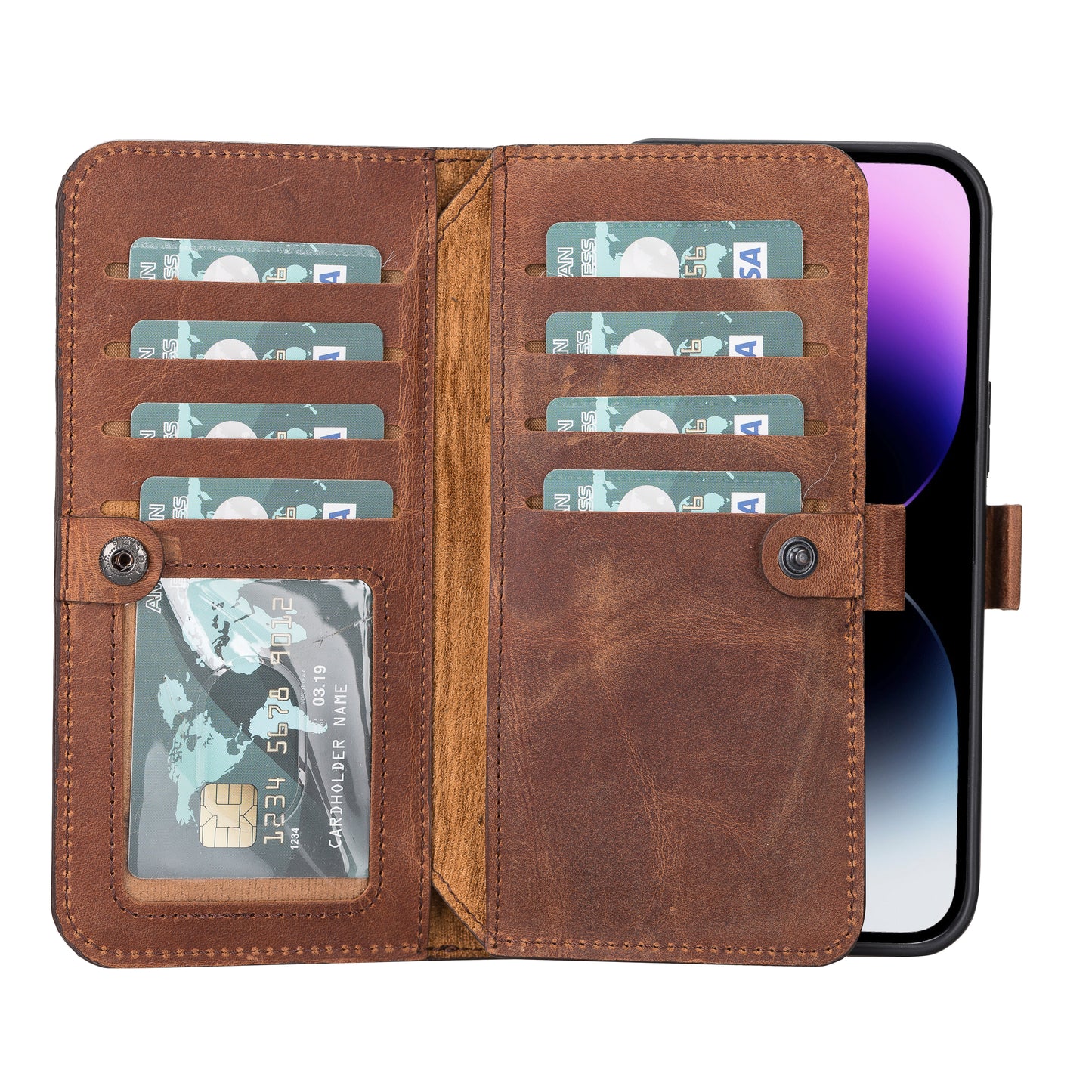 iPhone 14 Pro Max (6.7") Leather MagSafe RFID Detachable Double Wallet Case - Teak Brown