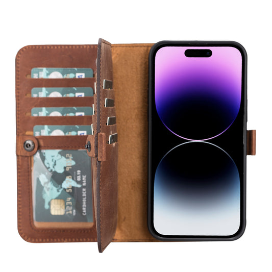iPhone 14 Pro Max (6.7") Leather MagSafe RFID Detachable Double Wallet Case - Teak Brown