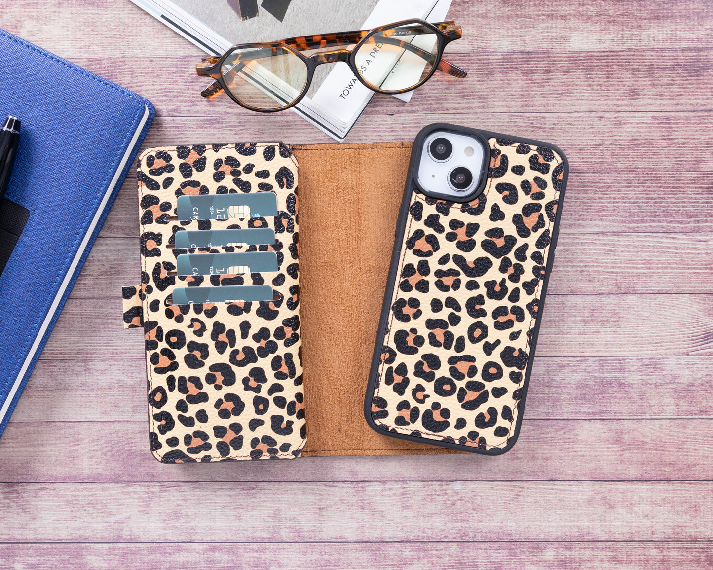 iPhone 14 Pro (6.1") Leather MagSafe RFID Detachable Double Wallet Case - Leopard