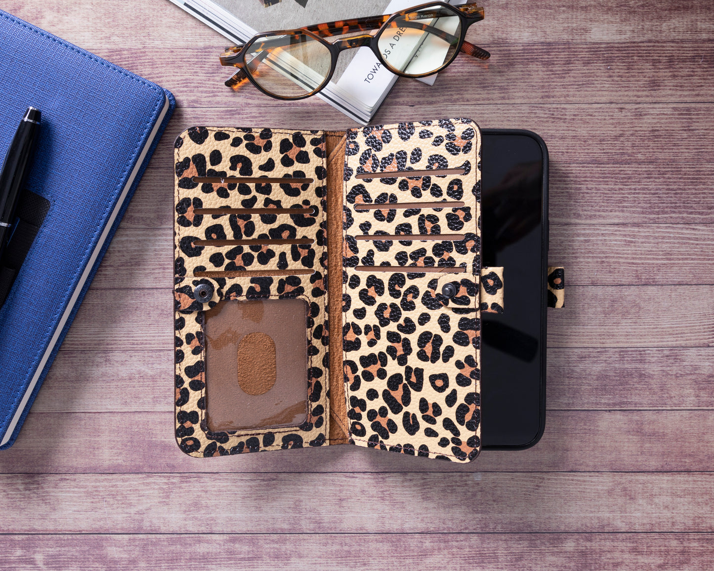 iPhone 14 Pro (6.1") Leather MagSafe RFID Detachable Double Wallet Case - Leopard