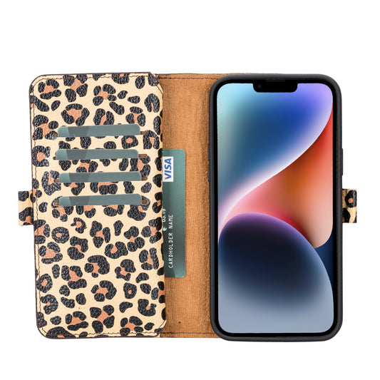 iPhone 14 (6.1") Leather MagSafe RFID Detachable Double Wallet Case - Leopard