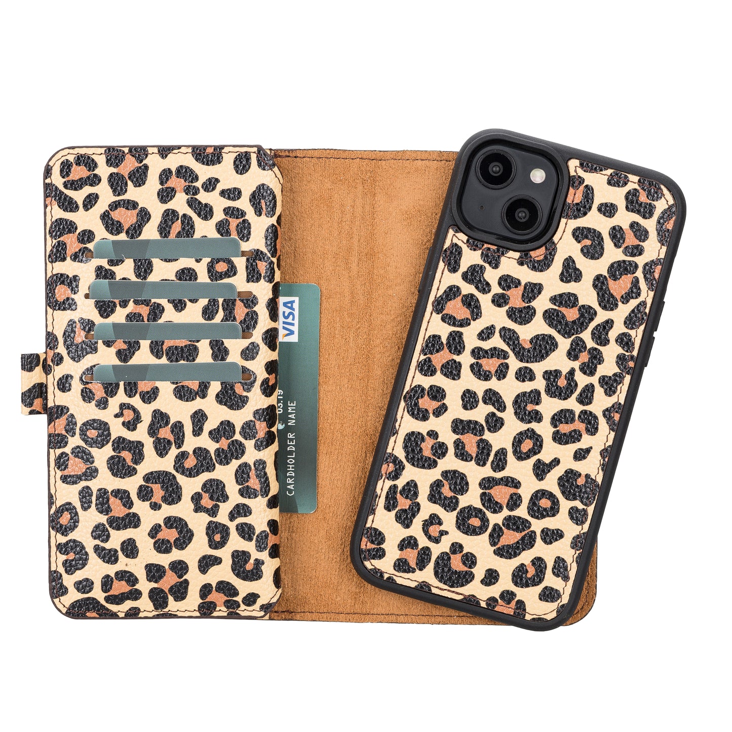 iPhone 14 Pro (6.1") Leather MagSafe RFID Detachable Double Wallet Case - Leopard