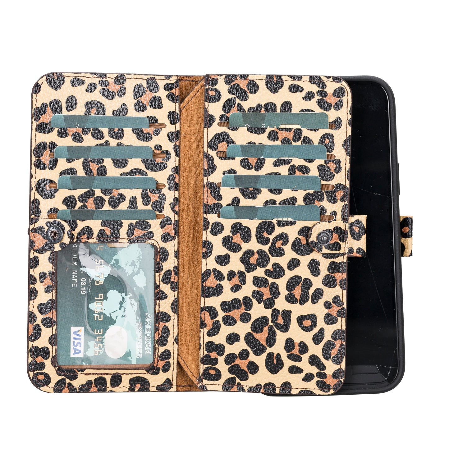 iPhone 14 Pro (6.1") Leather MagSafe RFID Detachable Double Wallet Case - Leopard
