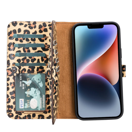 iPhone 14 Plus (6.7") Leather MagSafe RFID Detachable Double Wallet Case - Leopard