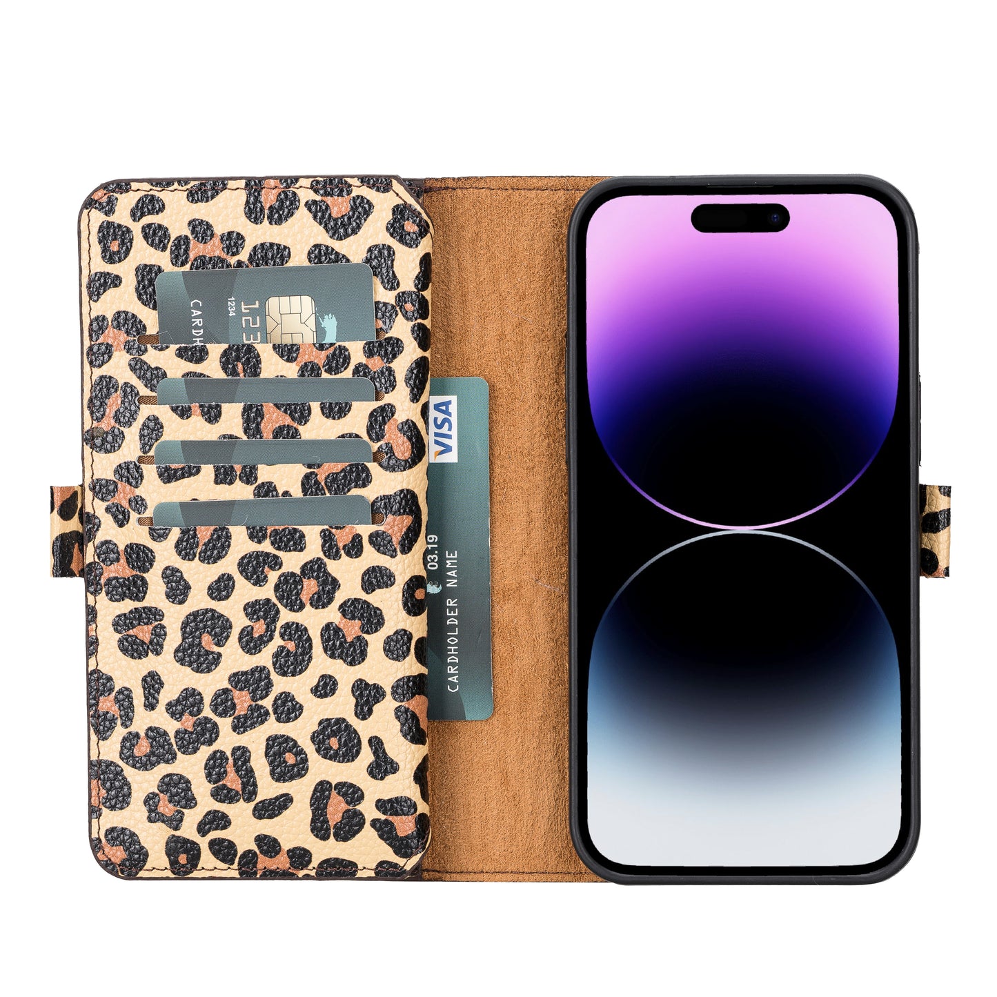 iPhone 14 Pro Max (6.7") Leather MagSafe RFID Detachable Double Wallet Case - Leopard
