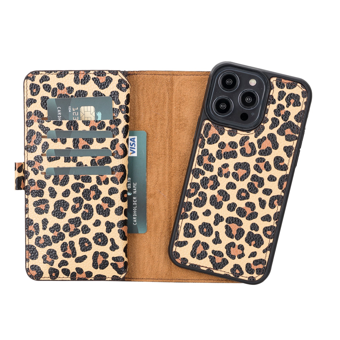 iPhone 14 Pro Max (6.7") Leather MagSafe RFID Detachable Double Wallet Case - Leopard