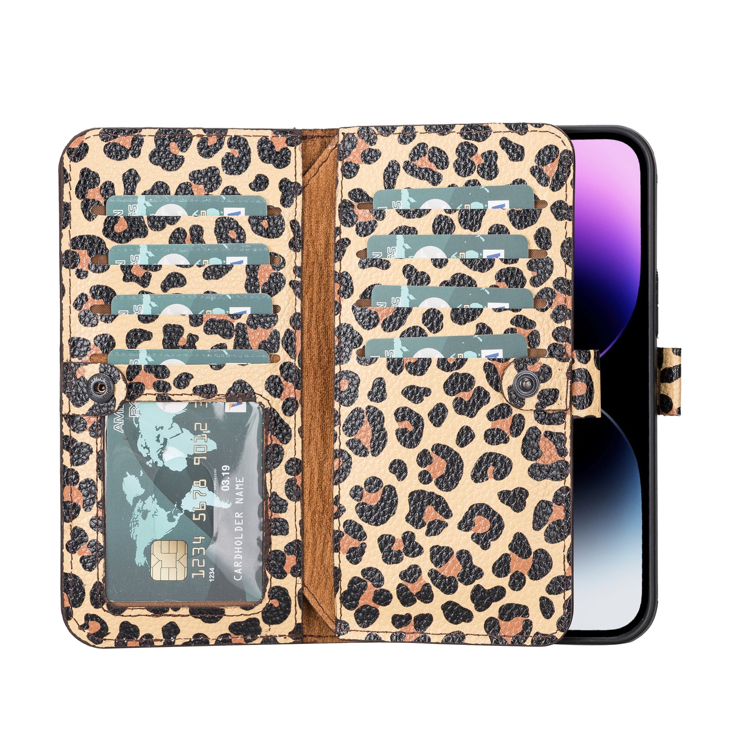 iPhone 14 Pro Max (6.7") Leather MagSafe RFID Detachable Double Wallet Case - Leopard