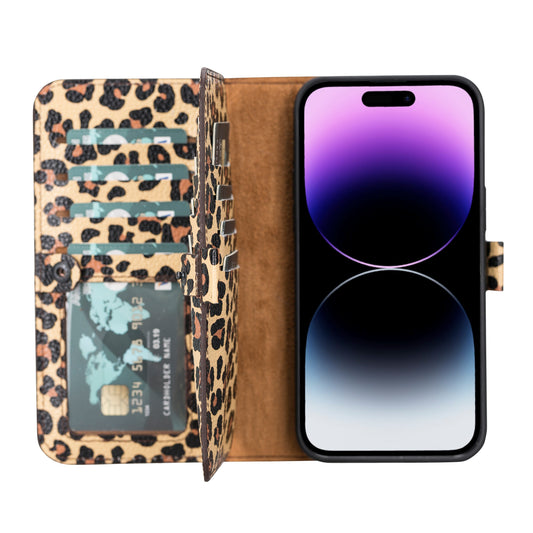 iPhone 14 Pro Max (6.7") Leather MagSafe RFID Detachable Double Wallet Case - Leopard