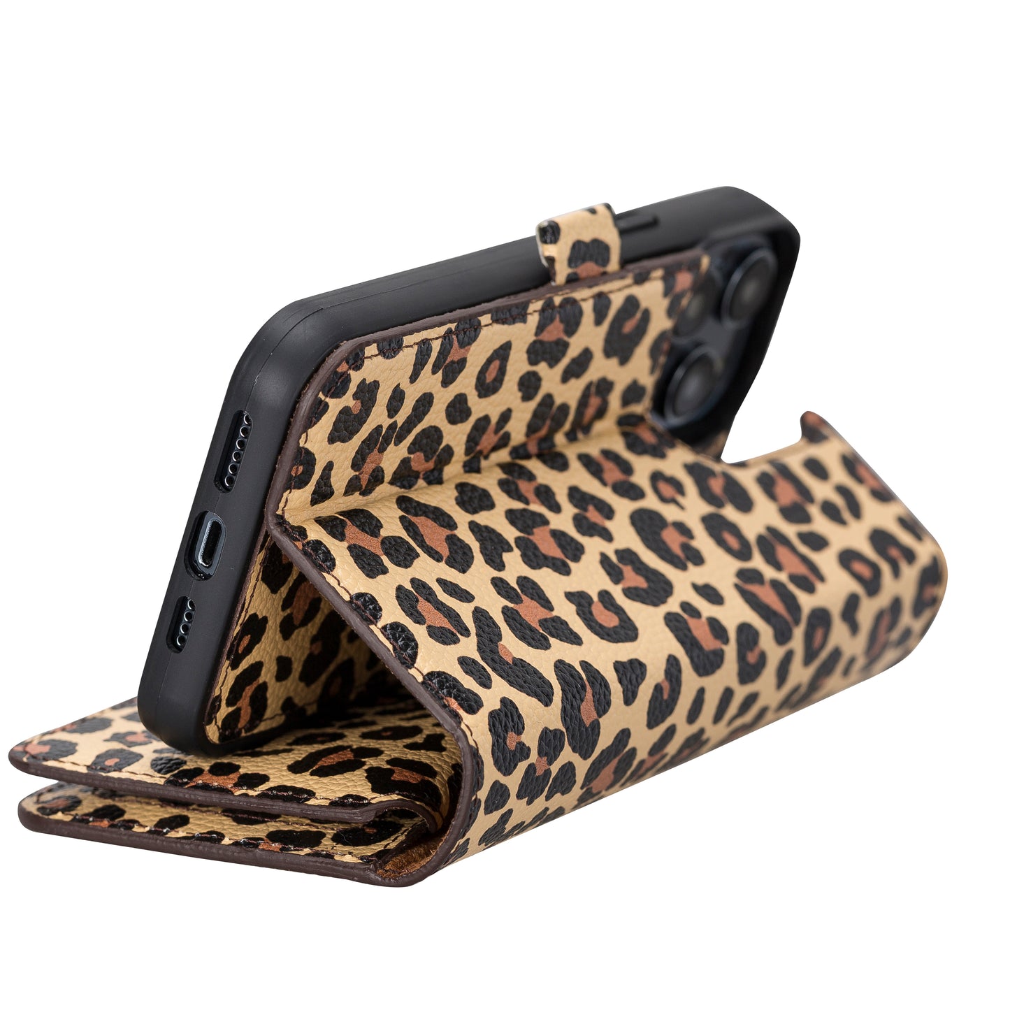 iPhone 14 Pro Max (6.7") Leather MagSafe RFID Detachable Double Wallet Case - Leopard