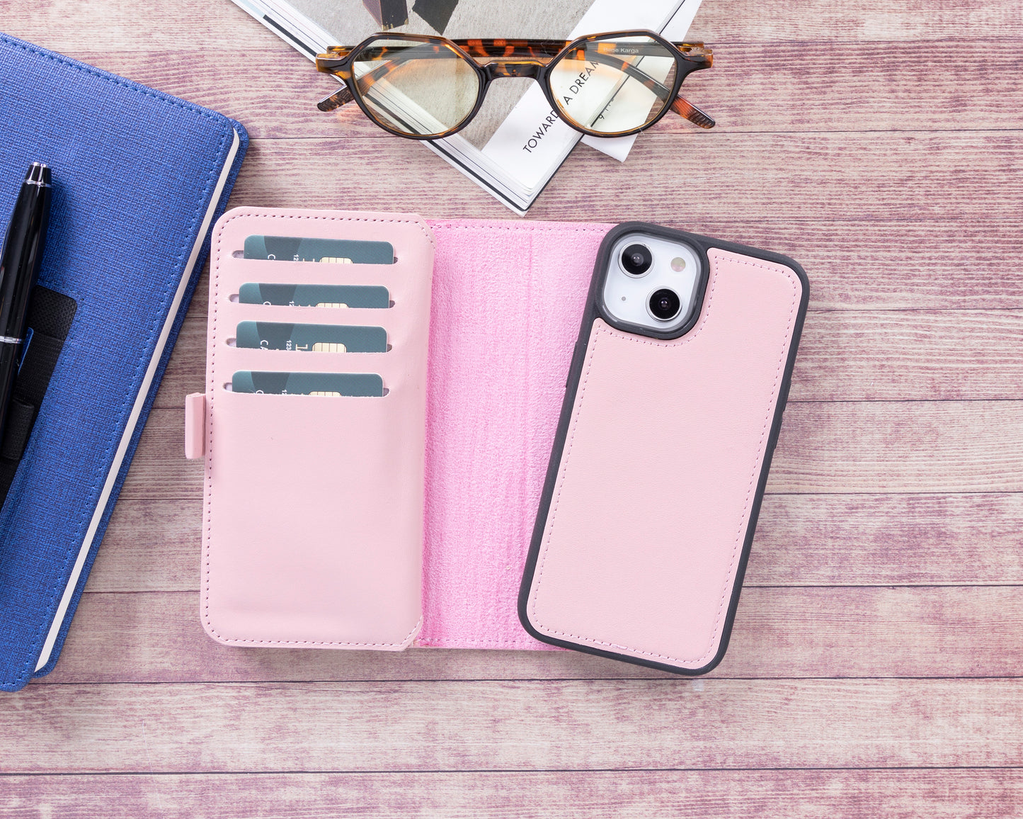 iPhone 14 Pro (6.1") Leather MagSafe RFID Detachable Double Wallet Case - Pink