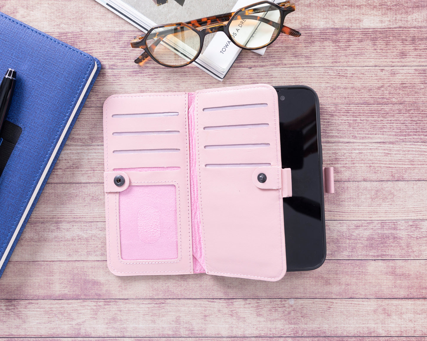 iPhone 14 Pro (6.1") Leather MagSafe RFID Detachable Double Wallet Case - Pink