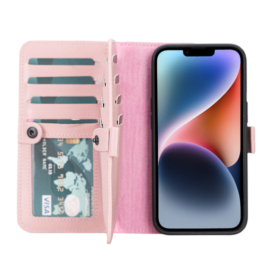 iPhone 14 Pro (6.1") Leather MagSafe RFID Detachable Double Wallet Case - Pink