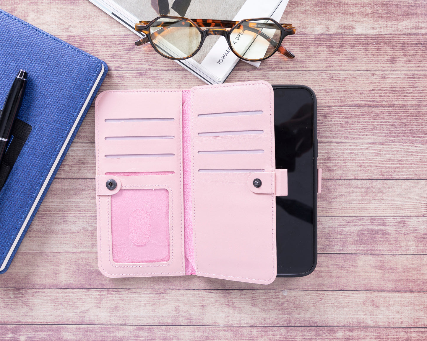 iPhone 14 Plus (6.7") Leather MagSafe RFID Detachable Double Wallet Case - Pink