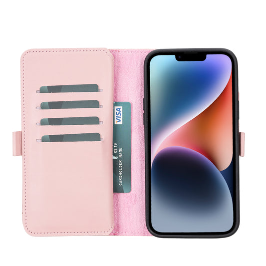 iPhone 14 Plus (6.7") Leather MagSafe RFID Detachable Double Wallet Case - Pink