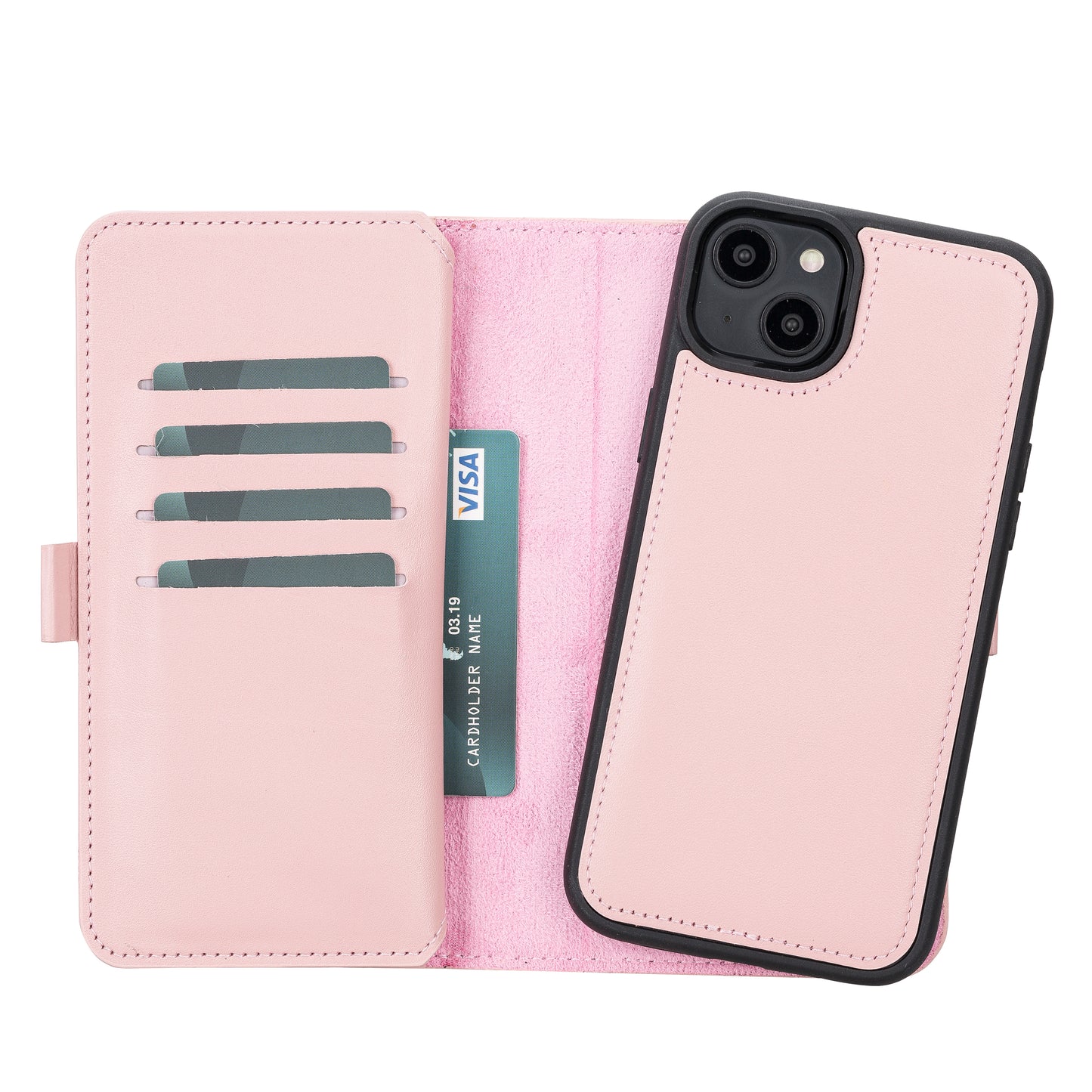 iPhone 14 Plus (6.7") Leather MagSafe RFID Detachable Double Wallet Case - Pink