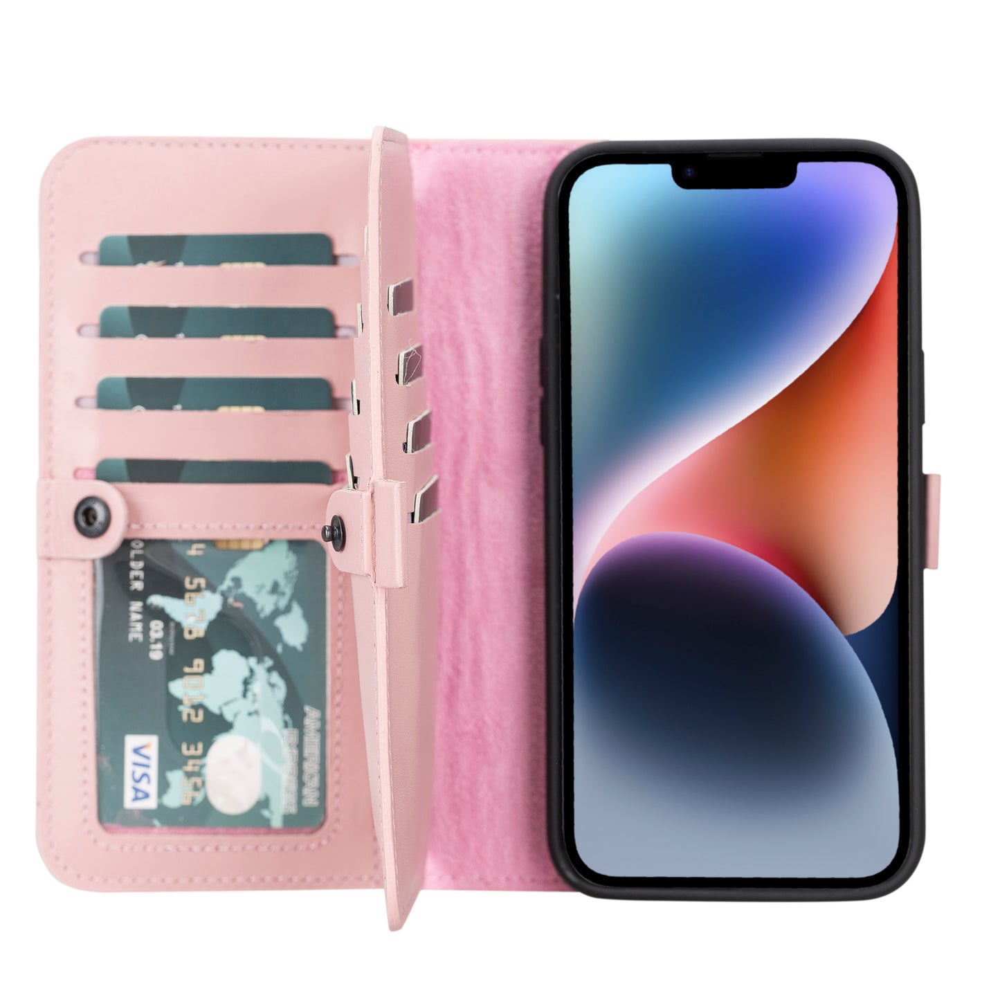 iPhone 14 Plus (6.7") Leather MagSafe RFID Detachable Double Wallet Case - Pink