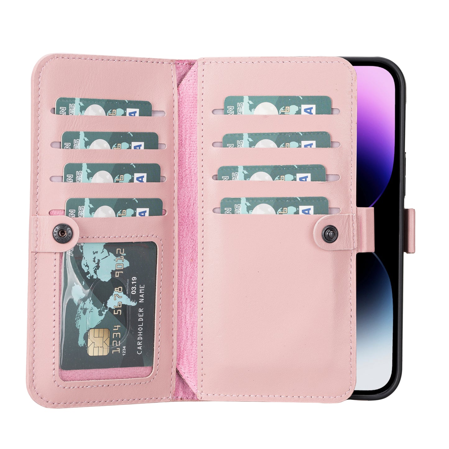 iPhone 14 Pro Max (6.7") Leather MagSafe RFID Detachable Double Wallet Case - Pink