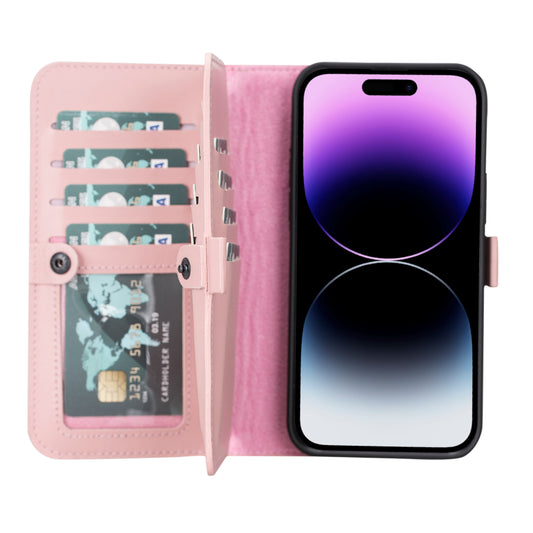 iPhone 14 Pro Max (6.7") Leather MagSafe RFID Detachable Double Wallet Case - Pink
