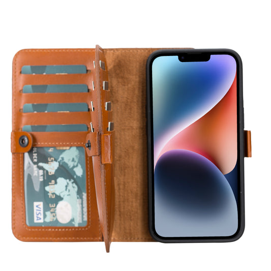 iPhone 14 (6.1") Leather MagSafe RFID Detachable Double Wallet Case - Rustic Brown