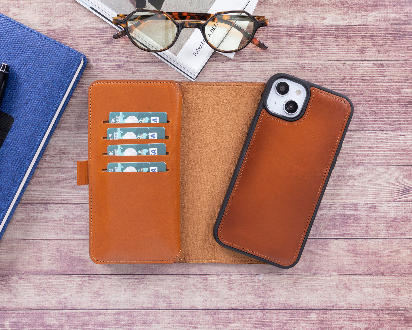 iPhone 14 Plus (6.7") Leather MagSafe RFID Detachable Double Wallet Case - Rustic Brown