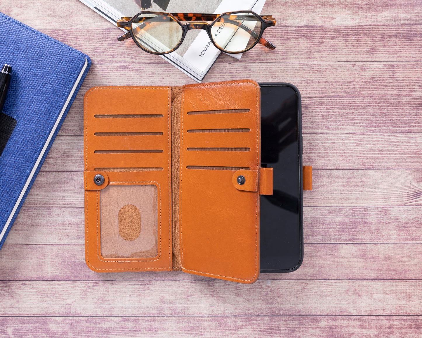iPhone 14 Plus (6.7") Leather MagSafe RFID Detachable Double Wallet Case - Rustic Brown