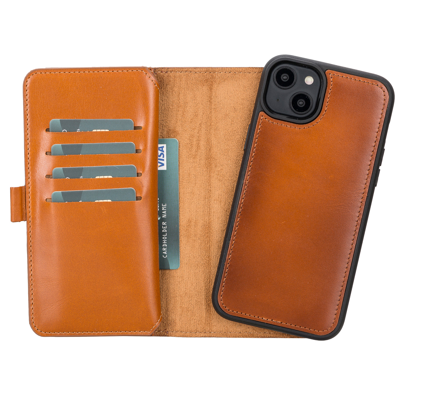 iPhone 14 Plus (6.7") Leather MagSafe RFID Detachable Double Wallet Case - Rustic Brown