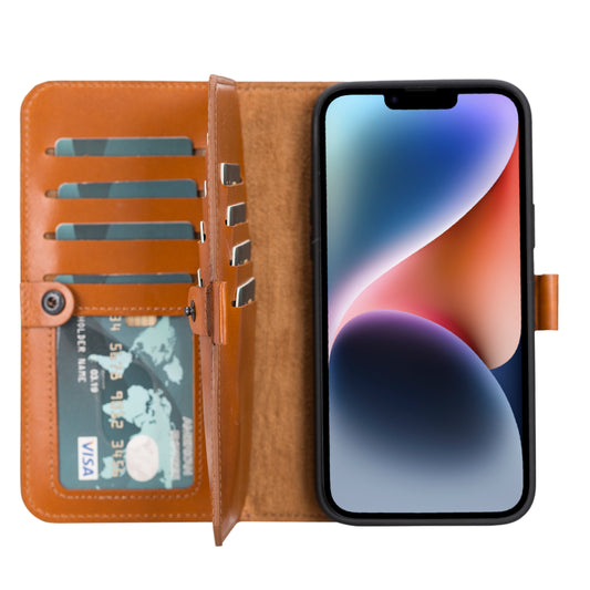 iPhone 14 Plus (6.7") Leather MagSafe RFID Detachable Double Wallet Case - Rustic Brown