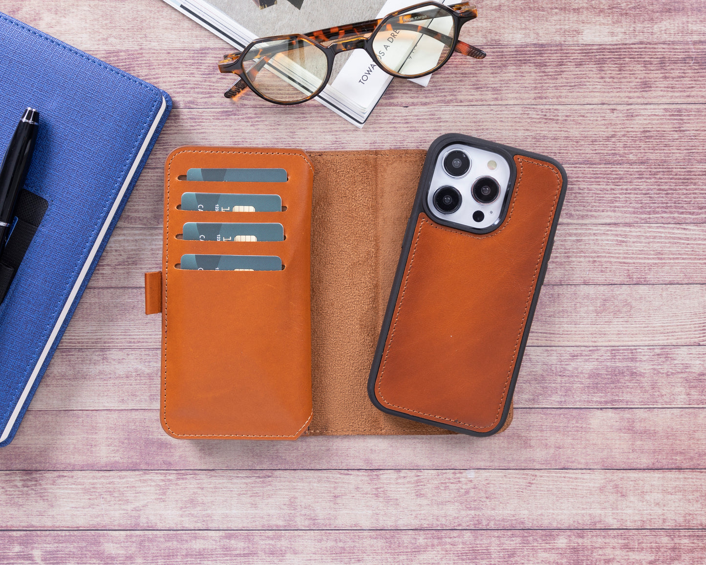 iPhone 14 Pro (6.1") Leather MagSafe RFID Detachable Double Wallet Case - Rustic Brown