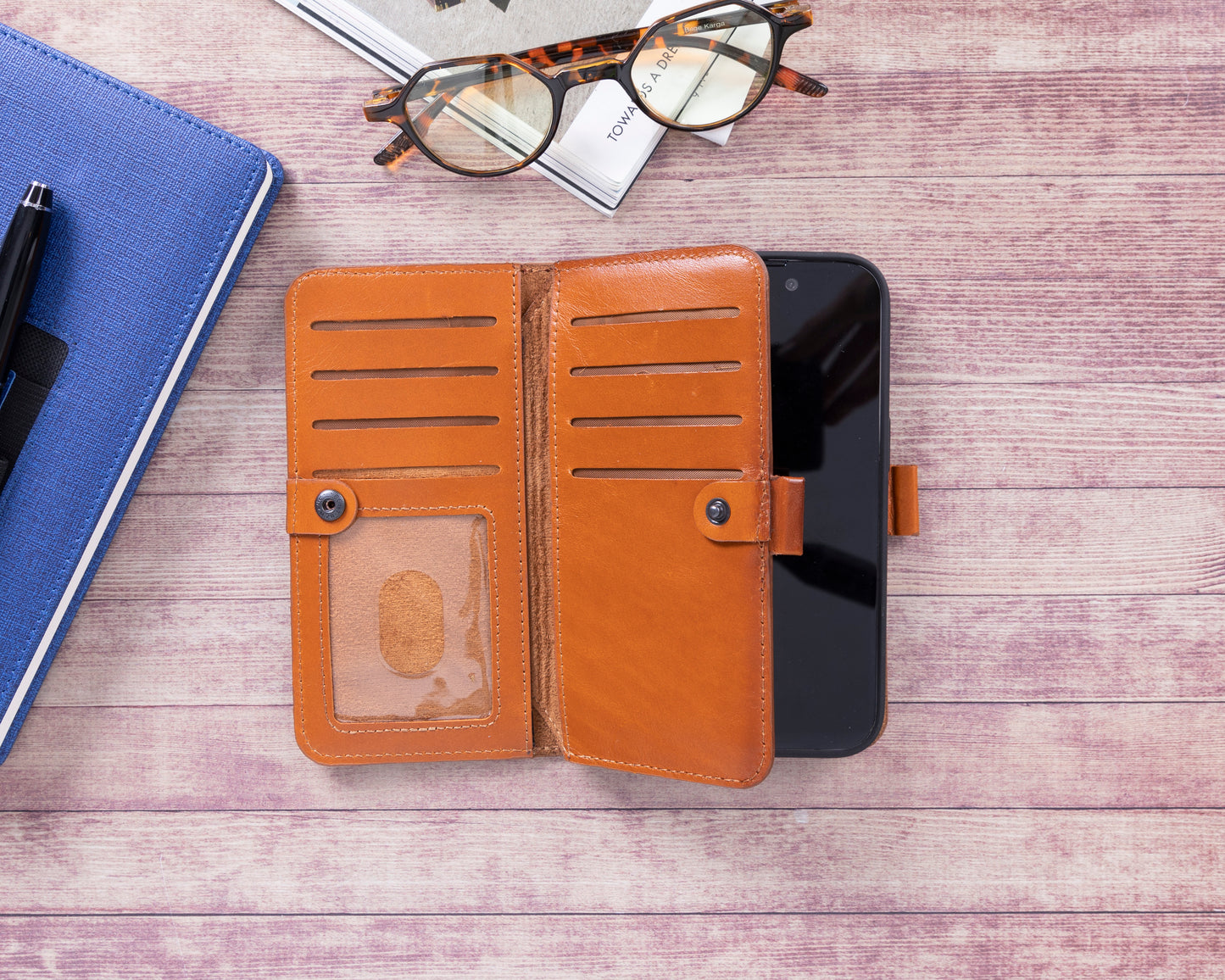 iPhone 14 Pro (6.1") Leather MagSafe RFID Detachable Double Wallet Case - Rustic Brown