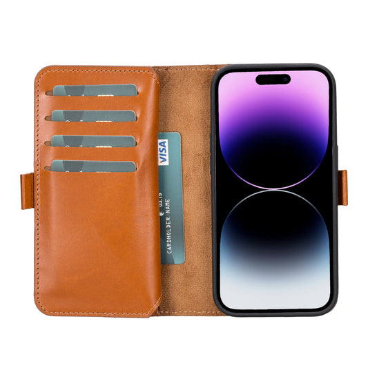 iPhone 14 Pro (6.1") Leather MagSafe RFID Detachable Double Wallet Case - Rustic Brown