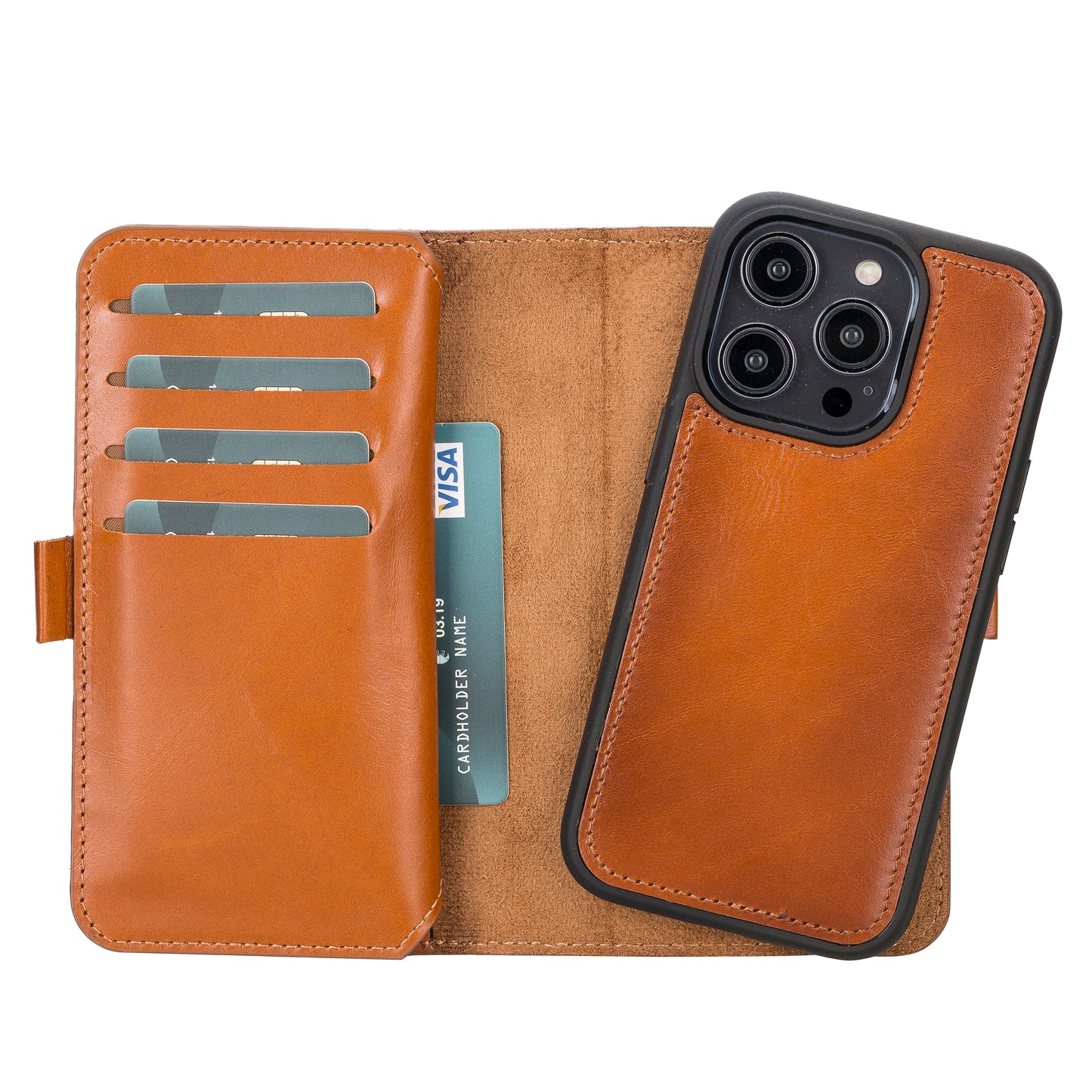 iPhone 14 Pro (6.1") Leather MagSafe RFID Detachable Double Wallet Case - Rustic Brown