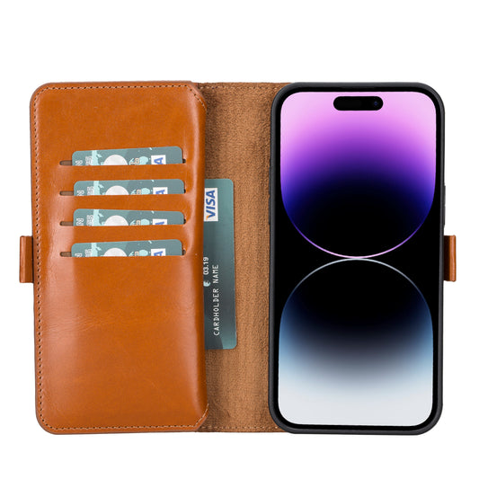 iPhone 14 Pro Max (6.7") Leather MagSafe RFID Detachable Double Wallet Case - Rustic Brown