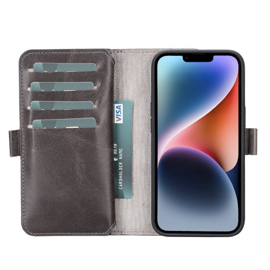 iPhone 14 Pro (6.1") Leather MagSafe RFID Detachable Double Wallet Case - Rustic Black