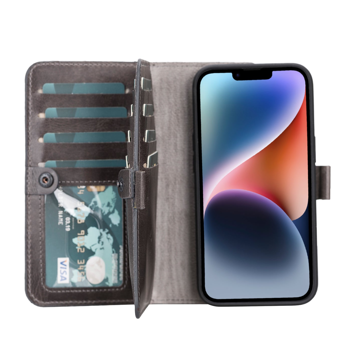 iPhone 14 Pro (6.1") Leather MagSafe RFID Detachable Double Wallet Case - Rustic Black