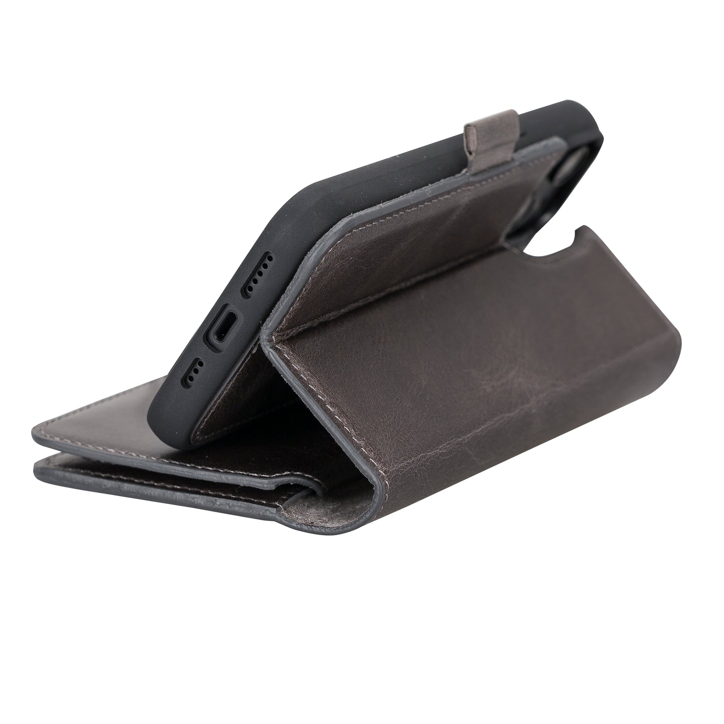iPhone 14 Pro (6.1") Leather MagSafe RFID Detachable Double Wallet Case - Rustic Black