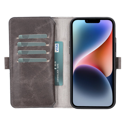 iPhone 14 Plus (6.7") Leather MagSafe RFID Detachable Double Wallet Case - Rustic Black