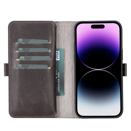 iPhone 14 Pro Max (6.7") Leather MagSafe RFID Detachable Double Wallet Case - Rustic Black