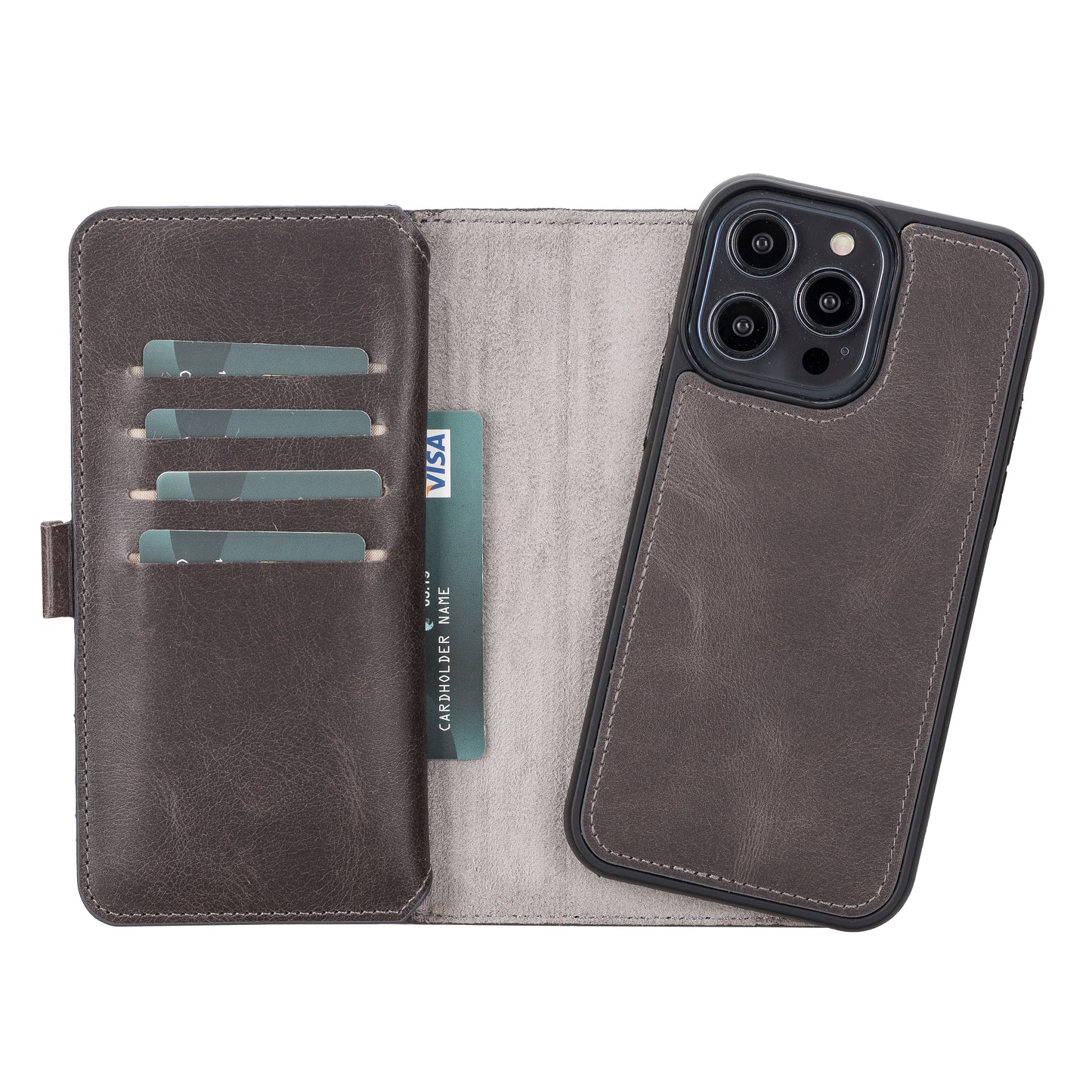 iPhone 14 Pro Max (6.7") Leather MagSafe RFID Detachable Double Wallet Case - Rustic Black