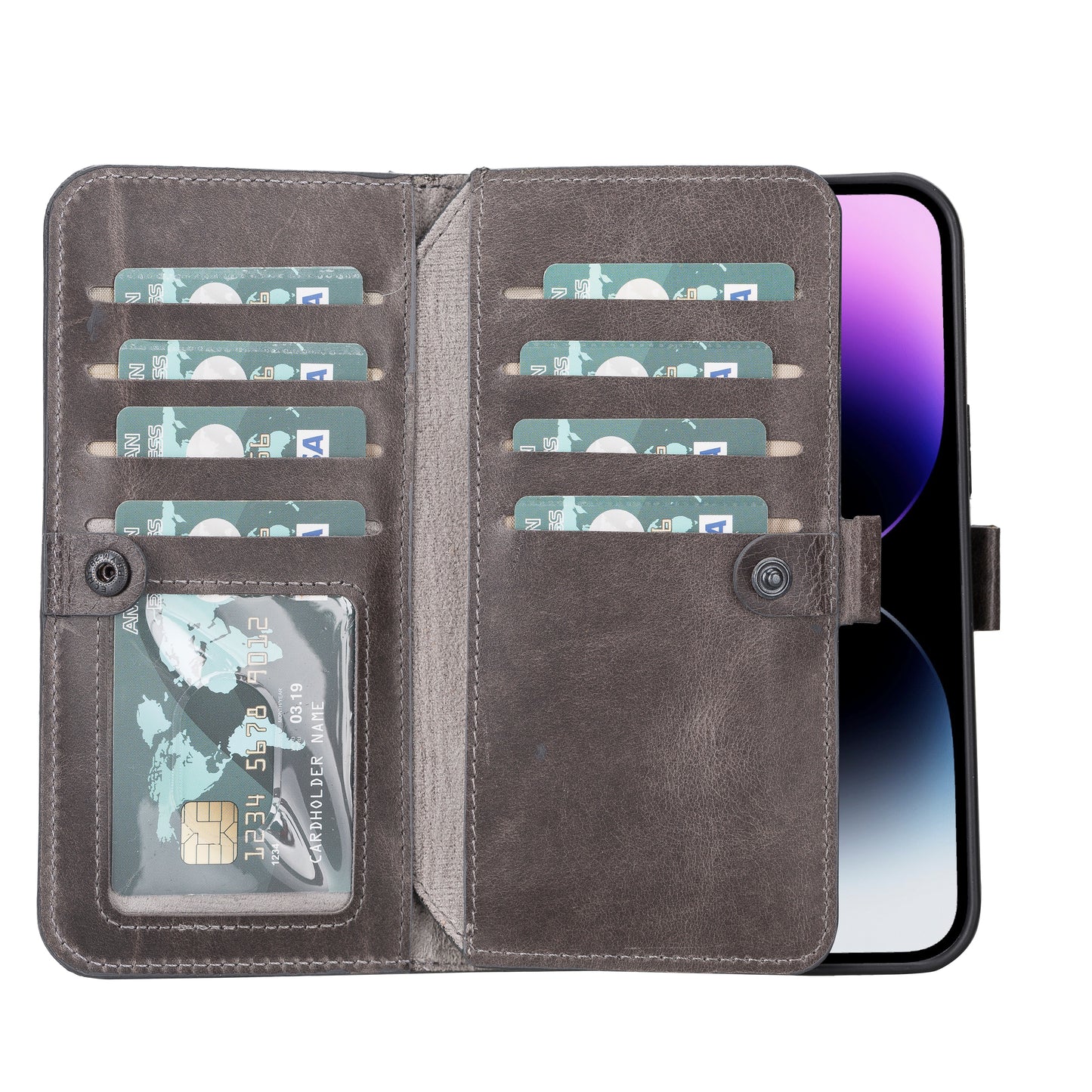 iPhone 14 Pro Max (6.7") Leather MagSafe RFID Detachable Double Wallet Case - Rustic Black