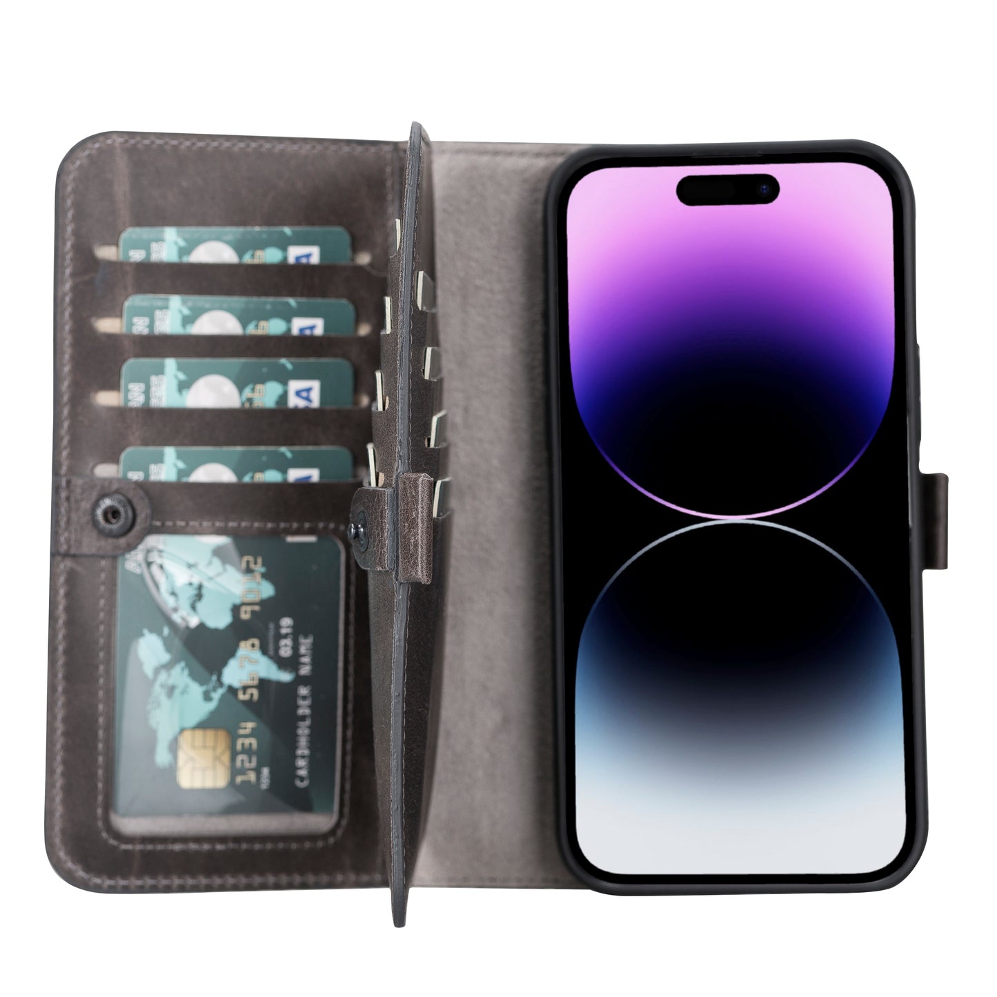 iPhone 14 Pro Max (6.7") Leather MagSafe RFID Detachable Double Wallet Case - Rustic Black