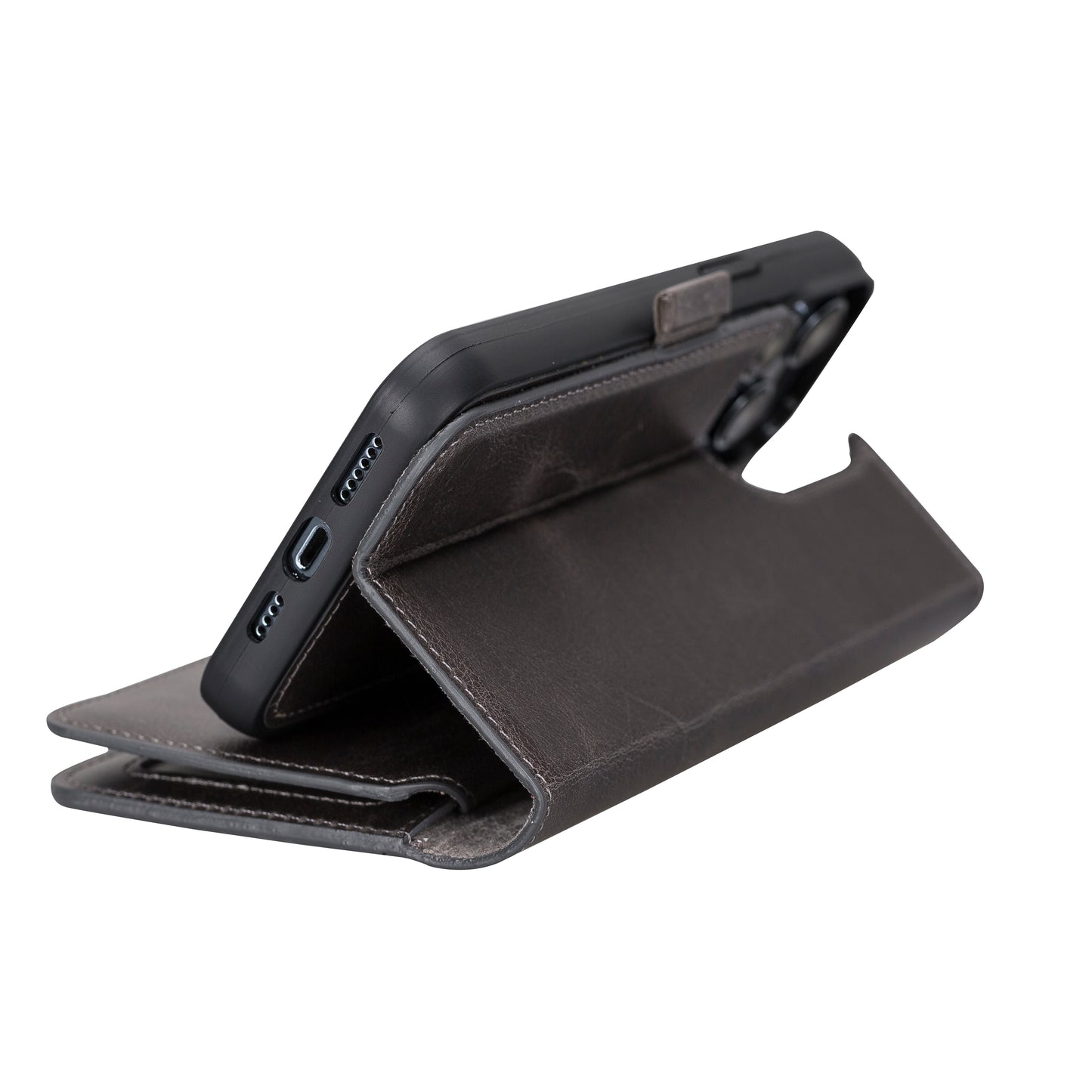 iPhone 14 Pro Max (6.7") Leather MagSafe RFID Detachable Double Wallet Case - Rustic Black
