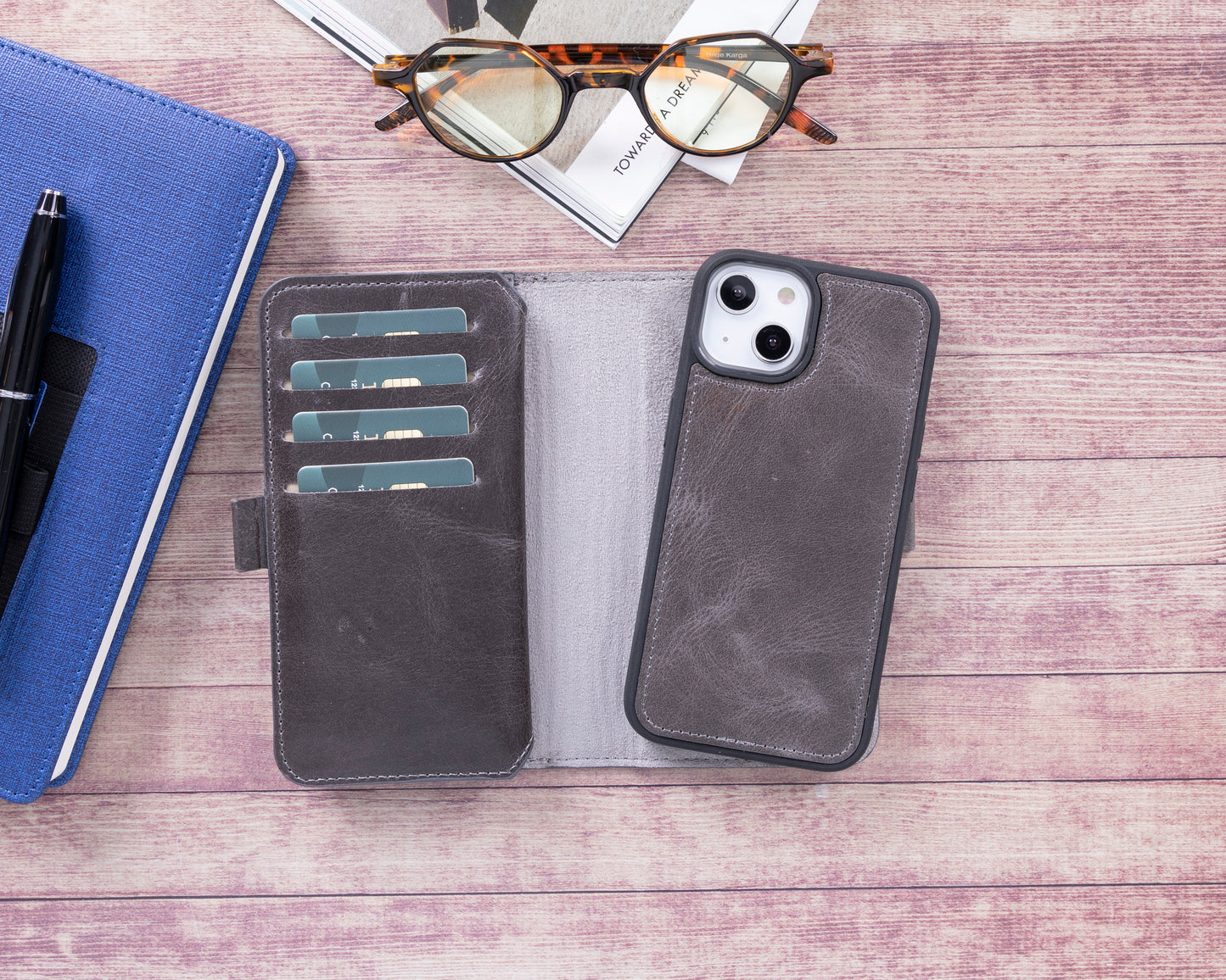 iPhone 14 Pro (6.1") Leather MagSafe RFID Detachable Double Wallet Case - Rustic Black