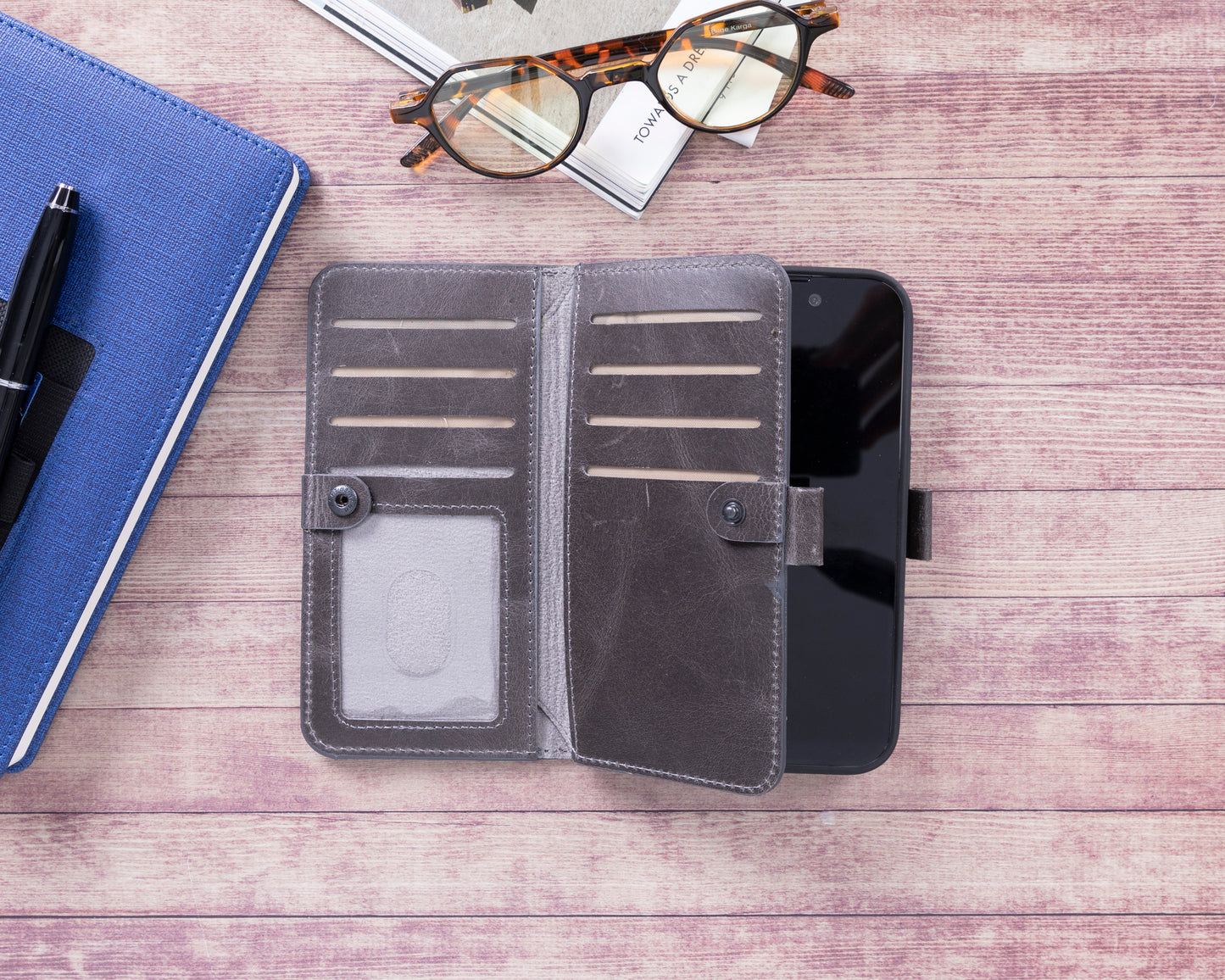 iPhone 14 Pro (6.1") Leather MagSafe RFID Detachable Double Wallet Case - Rustic Black