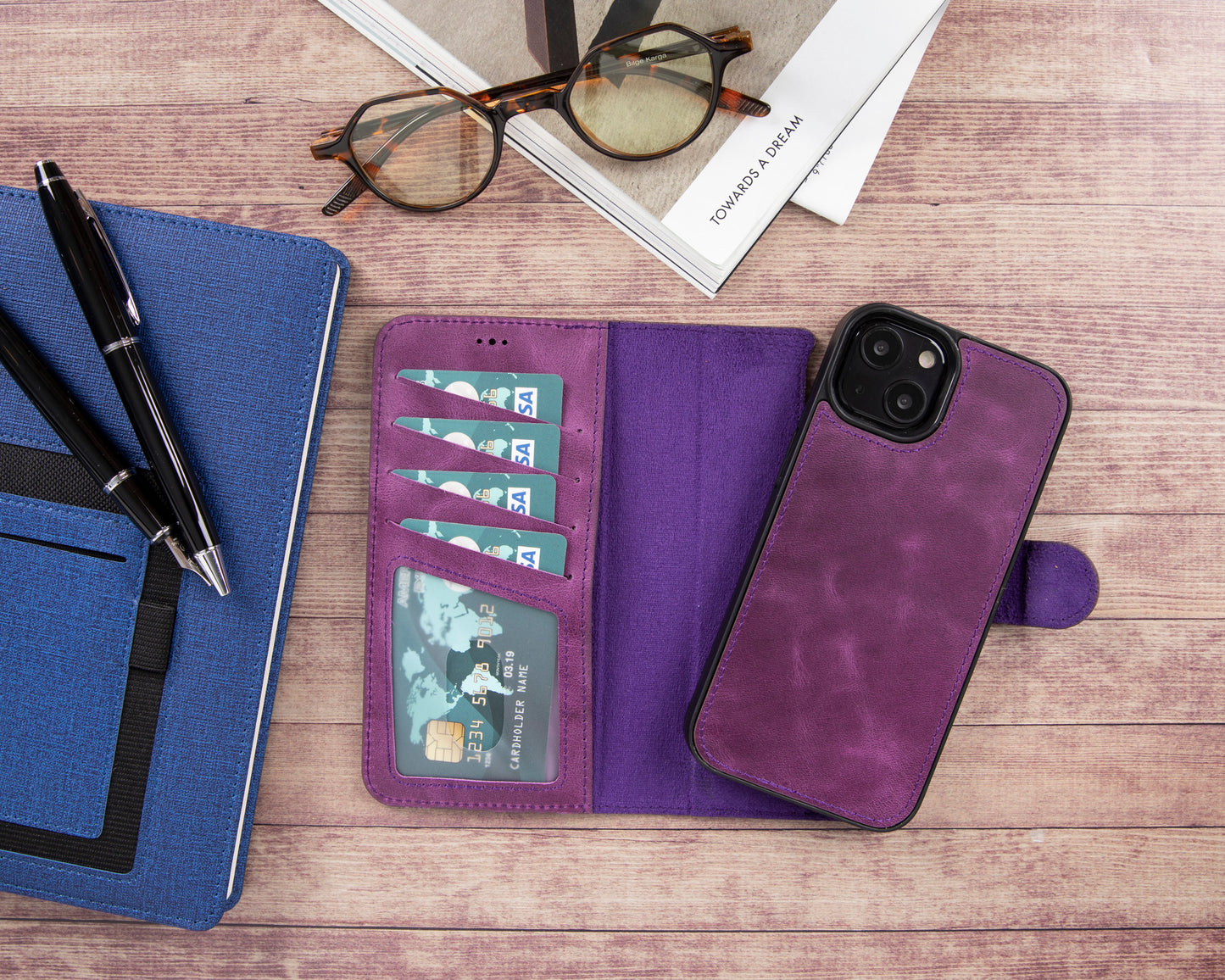 iPhone 13 (6.1") Leather MagSafe RFID Magnetic Detachable Wallet Case - Purple