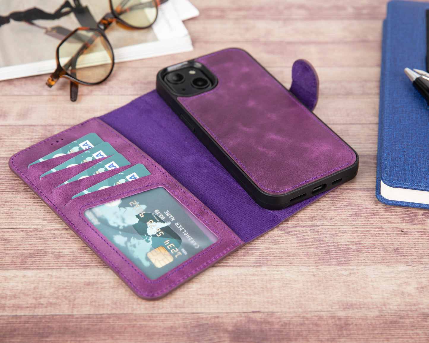 iPhone 13 (6.1") Leather MagSafe RFID Magnetic Detachable Wallet Case - Purple