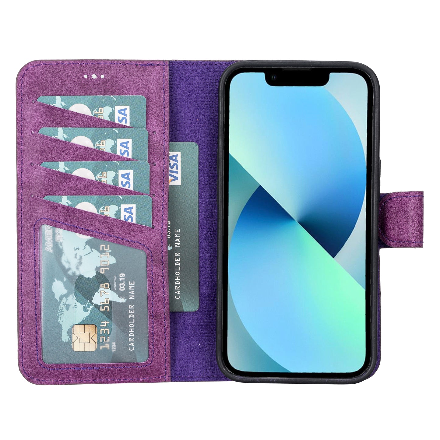iPhone 13 (6.1") Leather MagSafe RFID Magnetic Detachable Wallet Case - Purple