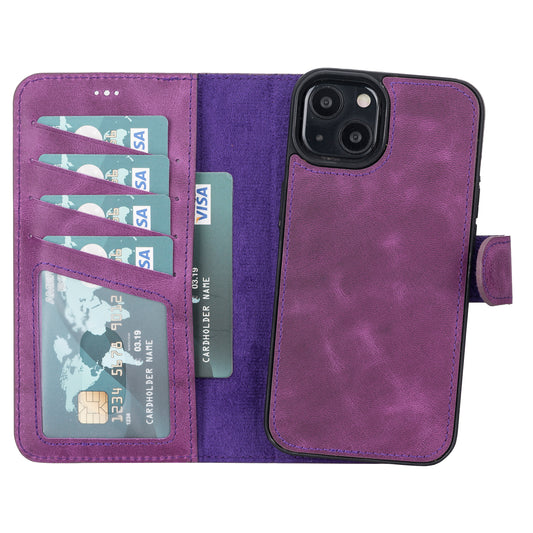 iPhone 13 (6.1") Leather MagSafe RFID Magnetic Detachable Wallet Case - Purple