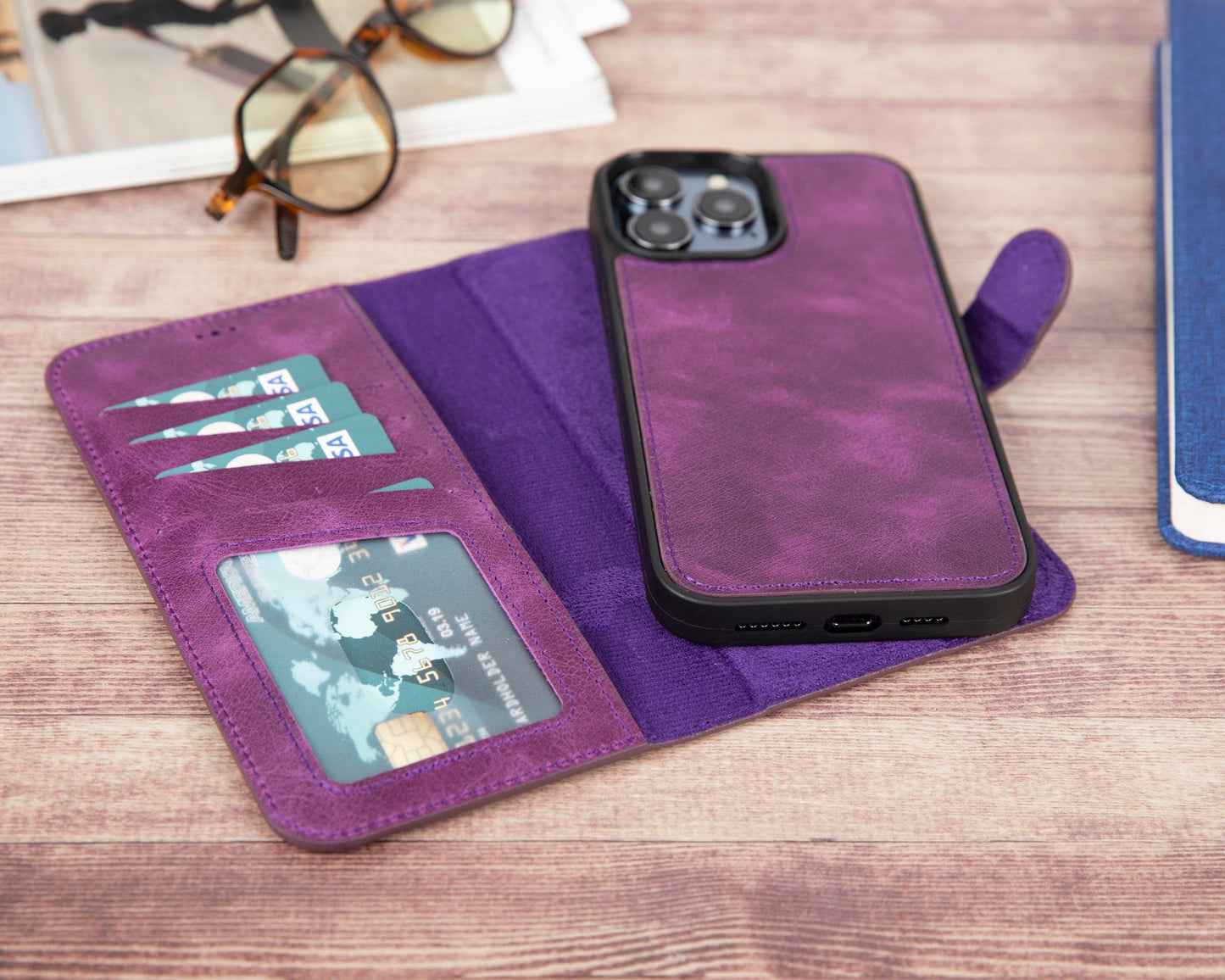 iPhone 13 Pro Max (6.7") Leather MagSafe RFID Magnetic Detachable Wallet Case - Purple
