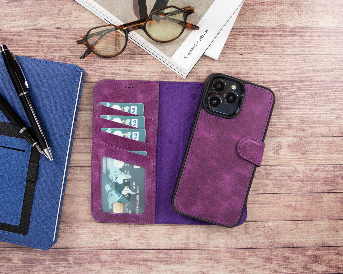 iPhone 13 Pro Max (6.7") Leather MagSafe RFID Magnetic Detachable Wallet Case - Purple